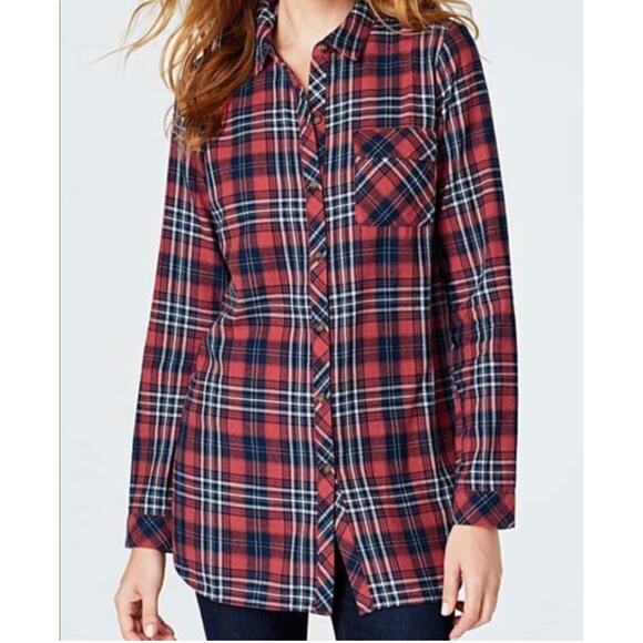 J Jill Denim Tunic LARGE Lagenlook Oversized Flannel Plaid Button Down Shirt - Picture 2 of 14